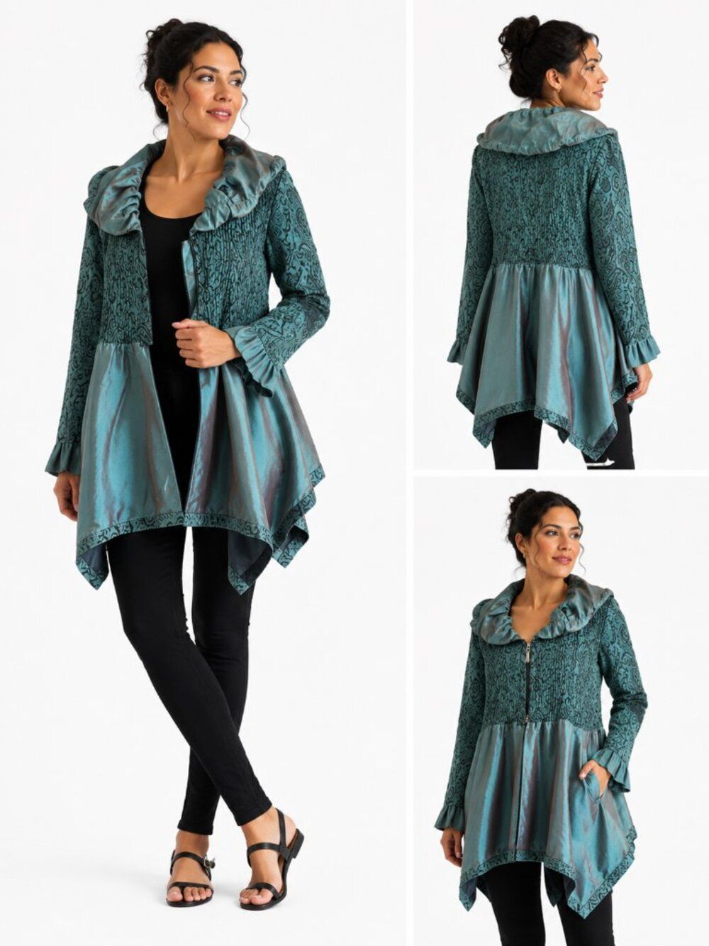 Lindi NWT Reversible Jacket XL Teal Paisley Sharkbite Hooded Art Coat